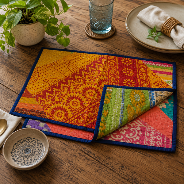 Handmade Vintage Kantha Placemats Set of 2 – Reversible Cotton Patchwork Table Mats
