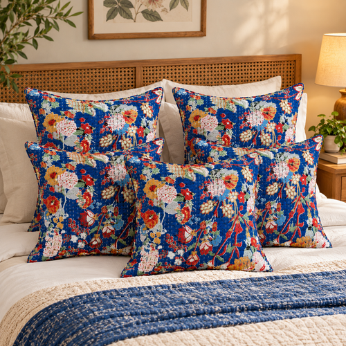 5 Pcs Set Indian Handmade Quilted Blue Cushion Cover 16x16 Inch