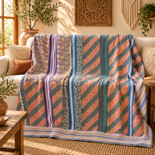 Coral Peach & Purple Vintage Kantha Quilt Handmade Heavy Cotton Reversible Blanket – 60x85 Inches