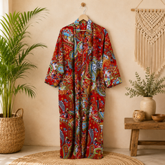 Handmade Red Cotton Kimono Robe for Women | Boho Paisley Floral Long Cardigan | Lightweight Beach Cover Up | Summer Loungewear