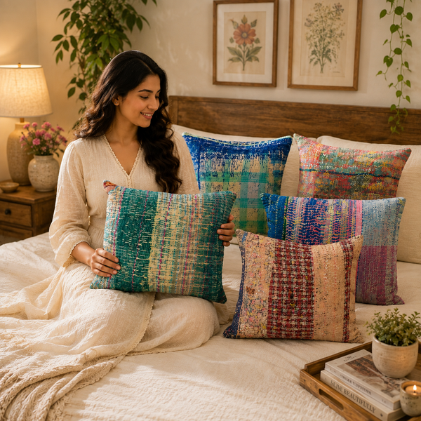 Handmade Cotton Cushion Cover, Kantha Pillow Cover, Boho Throw Pillow Cover, Decorative Sofa Cushion Cover, Vintage Patchwork Cushion Cover
