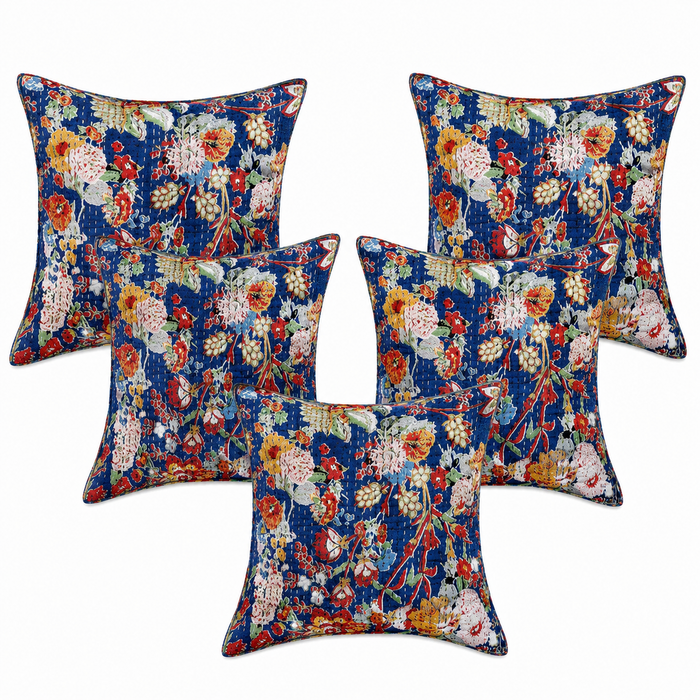 5 Pcs Set Indian Handmade Quilted Blue Cushion Cover 16x16 Inch