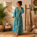 Women's Turquoise Paisley Cotton Kimono Robe | Lightweight Boho Long Robe with Belt & Pockets