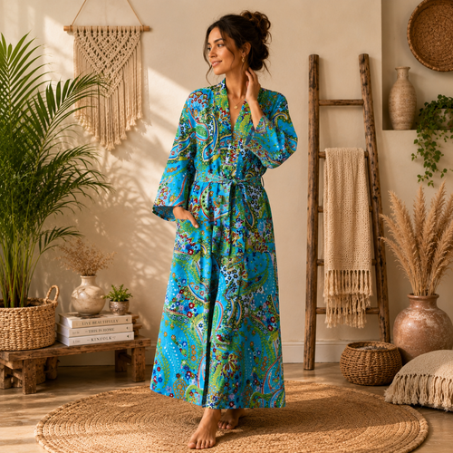 Women's Turquoise Paisley Cotton Kimono Robe | Lightweight Boho Long Robe with Belt & Pockets
