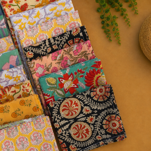 Hand Block Printed Cotton Napkins – Indian Floral Cloth Dinner Napkins 20 Pcs, Reusable Boho Table Napkins, Mixed Assorted Set