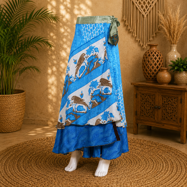 Vintage Blue Bird Print Wrap Skirt for Women | Handmade Upcycled Sari Maxi Skirt | Adjustable Tie Waist | Boho Beach Festival Skirt | Sustainable Clothing