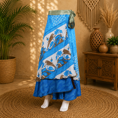 Vintage Blue Bird Print Wrap Skirt for Women | Handmade Upcycled Sari Maxi Skirt | Adjustable Tie Waist | Boho Beach Festival Skirt | Sustainable Clothing
