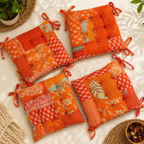 Vintage Orange Patchwork Chair Pad handmade Soft chair pad  Cushion Pad Seat Pad 15x15 Inch 1 Pcs