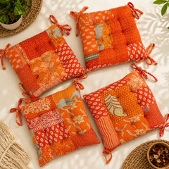 Vintage Orange Patchwork Chair Pad handmade Soft chair pad  Cushion Pad Seat Pad 15x15 Inch 1 Pcs