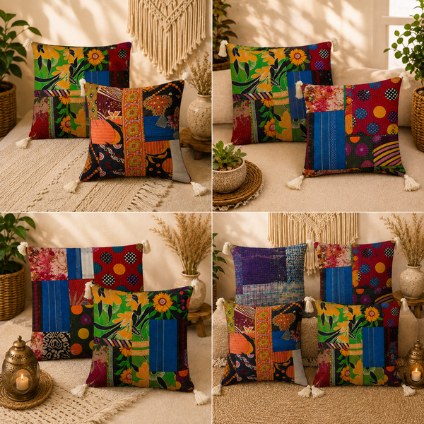 Vintage Kantha Patchwork Pillow Cover 18x18 inches, Colorful Boho Cushion Cover, Recycled Sari Cotton Throw Pillow, Indian Home Decor