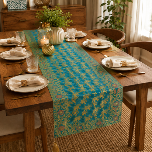 Antique-Inspired Embroidered Brocade Green Elephant Table Runner