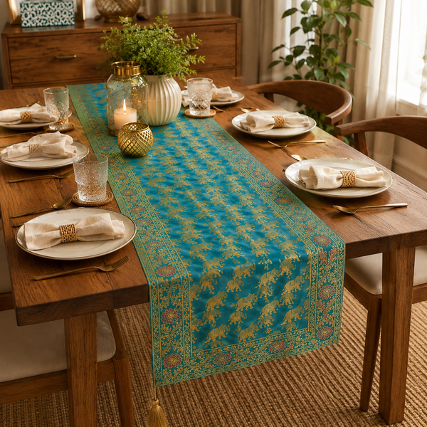 Antique-Inspired Embroidered Brocade Green Elephant Table Runner