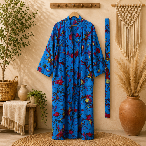 Blue Floral Cotton Kimono Cardigan for Women | Long Boho Open Front Robe with Pockets