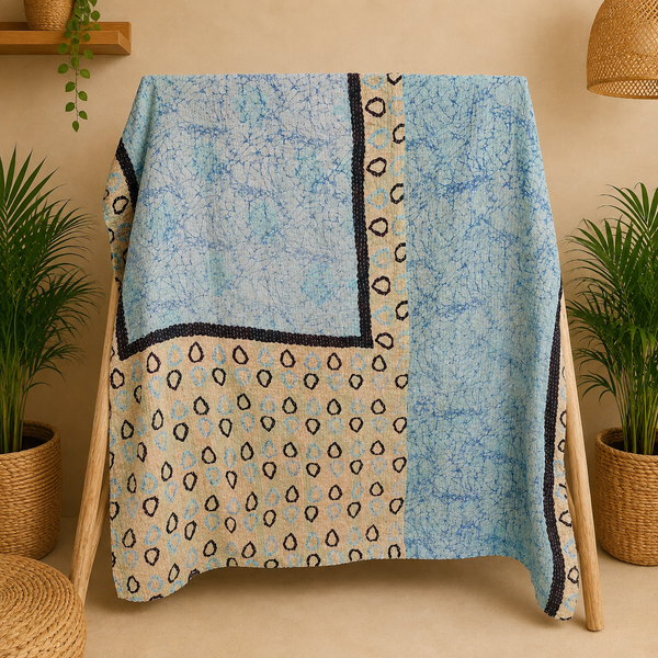 Blue Vintage Kantha Patchwork Quilt, Handmade Indian Sari Bedspread, Boho Cotton Throw Blanket, Reversible Rustic Home Decor