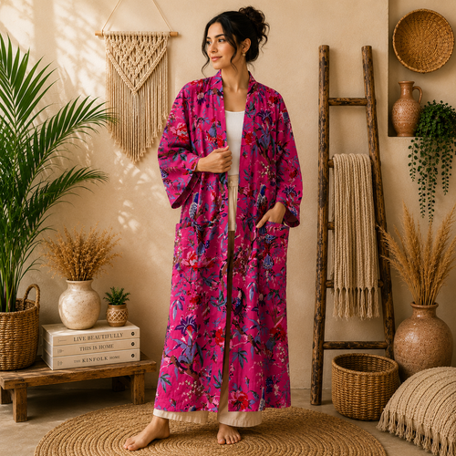 Women's Cotton Floral Bird Print Long Kimono Robe | Boho Lightweight Open Front Cardigan with Pockets