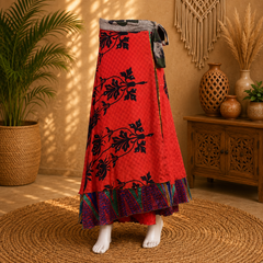 Vintage Red Floral Wrap Skirt for Women | Handmade Upcycled Sari Maxi Skirt | Adjustable Tie Waist | Boho Festival Beach Skirt | Sustainable Clothing