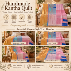 Mustard Yellow & Pink Vintage Kantha Quilt Handmade Cotton Throw Blanket with Blue Patchwork – 60x80 Inches