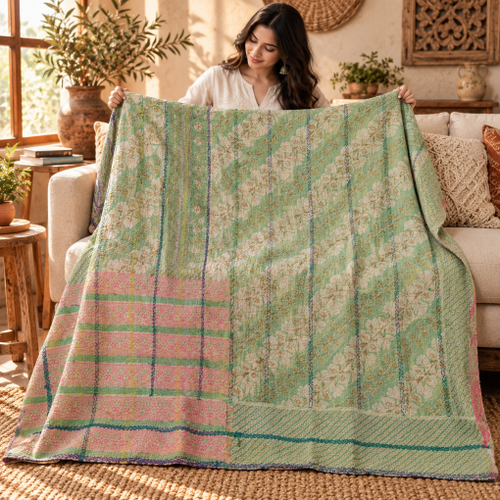 Sage Green Vintage Kantha Quilt Handmade Cotton Throw Blanket with Pink Stripes – 60x75 Inches
