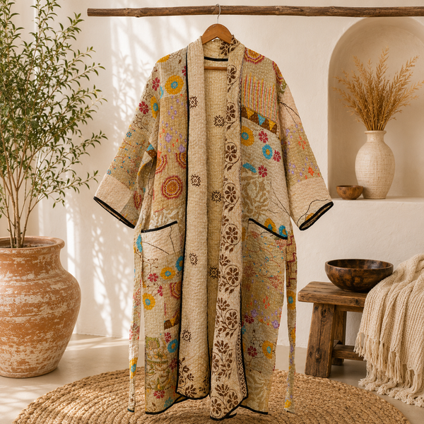 Indian Handmade Vintage Kantha Quilt Beige Patchwork Kimono Robe One Size Robe