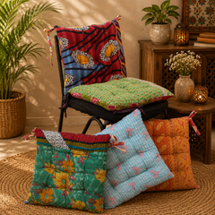 Handmade Kantha Chair Cushion, Cotton Floor Cushion, Quilted Seat Pad, Floral Chair Pad, Boho Cushion, Tie-On Chair Cushion, Dining Chair Cushion