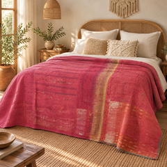 Pink Vintage Kantha Quilt Handmade Reversible Cotton Throw Blanket – 60x90 Inches