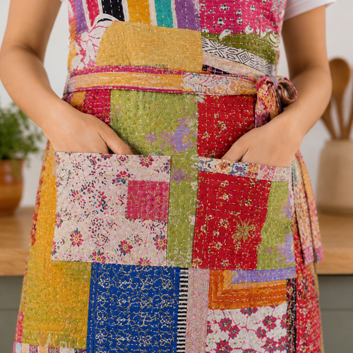 Vintage Kantha Patchwork Apron – Handmade Recycled Cotton Kitchen Apron with Pockets | Boho Cooking Apron
