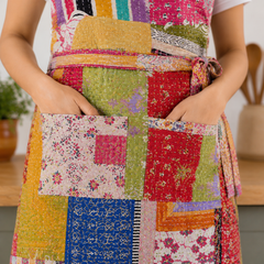 Vintage Kantha Patchwork Apron – Handmade Recycled Cotton Kitchen Apron with Pockets | Boho Cooking Apron