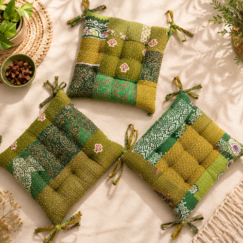 Vintage Kantha handmade Green Patchwork Chair Pad Soft chair pad Cushion Pad Seat Pad 15x15 Inch 1 Pcs