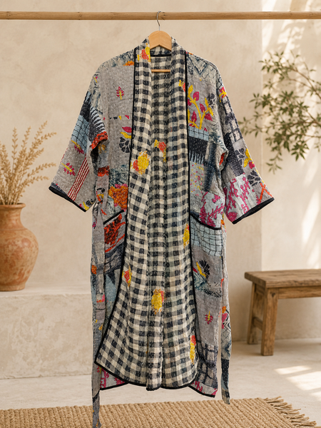 Gray Patchwork Bath Robe | Vintage Kantha Cotton Kimono | Cotton Robe Night Wear Suit | Long Robe