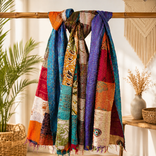 Set of 5 Handmade Silk Patchwork Kantha Scarves – Vintage Recycled Silk Scarves | Boho Wraps | Assorted Colorful Scarves | Sustainable Women's Fashion