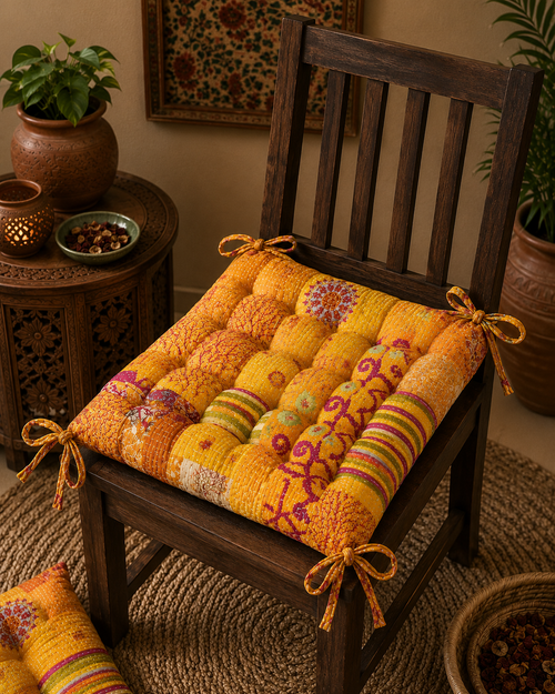 Vintage Kantha handmade Yellow Patchwork chair pad Cushion Pad 15x15 Inch 1 Pcs