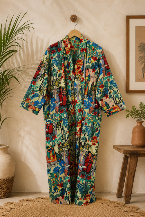 Handmade Cotton Kimono Robe for Women | Boho Floral Long Kimono | Lightweight Cotton Beach Cover Up | Resort Wear | Free Size