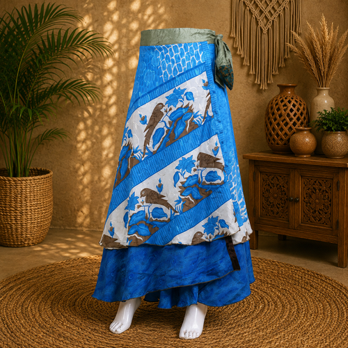 Vintage Blue Bird Print Wrap Skirt for Women | Handmade Upcycled Sari Maxi Skirt | Adjustable Tie Waist | Boho Beach Festival Skirt | Sustainable Clothing