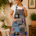 Vintage Kantha Patchwork Apron 1 Pc, Grey Blue Cotton Cooking Apron, Handmade Boho Kitchen Apron, Recycled Sari Apron with Pocket