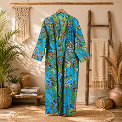Women's Turquoise Paisley Cotton Kimono Robe | Lightweight Boho Long Robe with Belt & Pockets