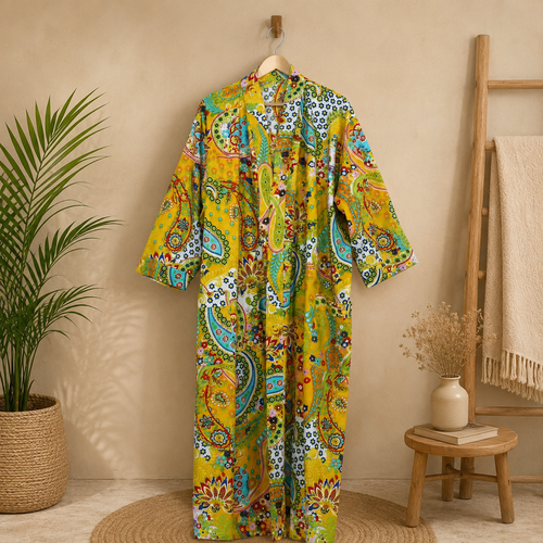 Handmade Yellow Cotton Kimono Robe for Women | Boho Floral Paisley Long Cardigan | Lightweight Beach Cover Up | Summer Resort Wear