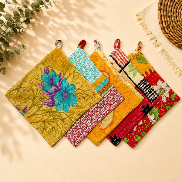 Vintage Kantha Pot Holders Set of 5, Handmade Quilted Hot Pads, Recycled Sari Trivets, Colorful Boho Patchwork Kitchen Decor