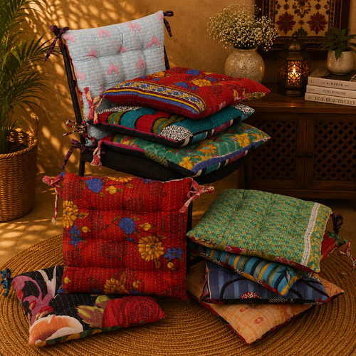 Handmade Kantha Chair Cushion, Cotton Seat Cushion, Quilted Chair Pad, Boho Cushion, Tie-On Chair Cushion, Floral Floor Cushion, Dining Chair Cushion