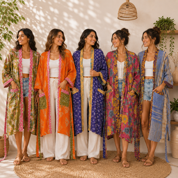 Vintage Kantha Cotton Kimono Robe 1 Pcs– Colorful Boho Long Jacket, Handmade Indian Sari Bathrobe, Women’s Lounge Wear, S–2XL