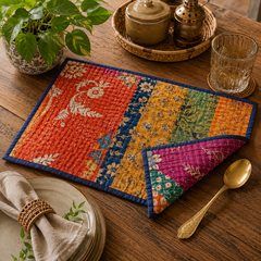 Handmade Vintage Kantha Placemats Set of 2 – Reversible Cotton Patchwork Table Mats