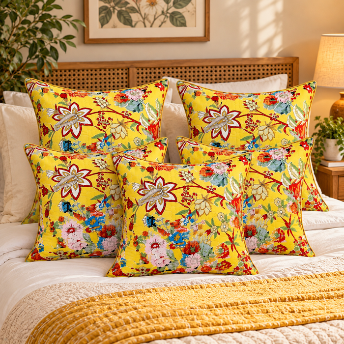 Kantha Hand-Stitched, Luxury Yellow Floral Cushion Cover Set