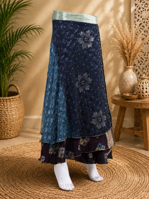 Vintage Blue Floral Wrap Skirt for Women | Handmade Upcycled Sari Maxi Skirt | Adjustable Tie Waist Boho Skirt | Festival Beach Skirt | Sustainable Clothing