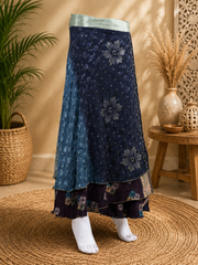 Vintage Blue Floral Wrap Skirt for Women | Handmade Upcycled Sari Maxi Skirt | Adjustable Tie Waist Boho Skirt | Festival Beach Skirt | Sustainable Clothing