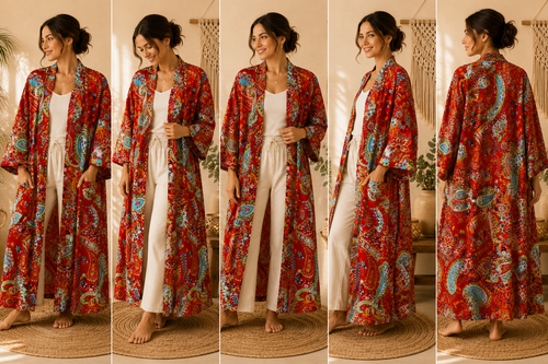 Handmade Red Cotton Kimono Robe for Women | Boho Paisley Floral Long Cardigan | Lightweight Beach Cover Up | Summer Loungewear