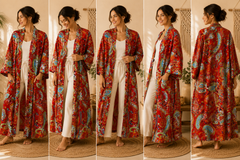 Handmade Red Cotton Kimono Robe for Women | Boho Paisley Floral Long Cardigan | Lightweight Beach Cover Up | Summer Loungewear