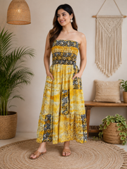 Handmade Cotton Strapless Smocked Maxi Dress for Women | Boho Patchwork Summer Beach Dress with Pockets