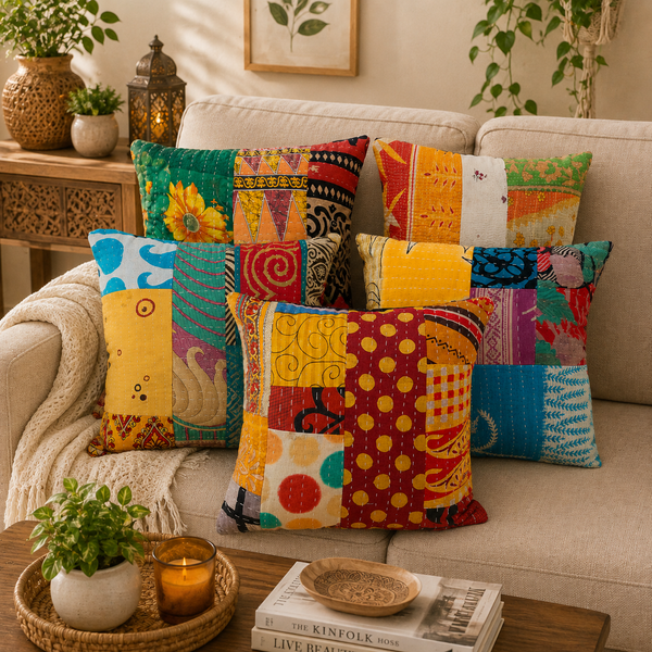Handmade Patchwork Cushion Cover, Cotton Kantha Pillow Cover, Boho Throw Pillow Cover, Decorative Sofa Cushion Cover, Vintage Bohemian Cushion Cover