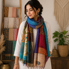 Set of 5 Handmade Silk Patchwork Kantha Scarves – Vintage Recycled Silk Scarves | Boho Wraps | Assorted Colorful Scarves | Sustainable Women's Fashion