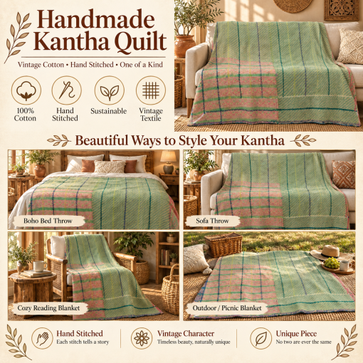 Sage Green Vintage Kantha Quilt Handmade Cotton Throw Blanket with Pink Stripes – 60x75 Inches