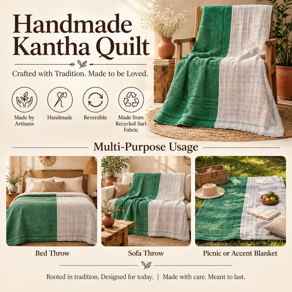 Emerald Green & White Vintage Kantha Quilt Handmade Heavy Cotton Reversible Blanket – 65x85 Inches